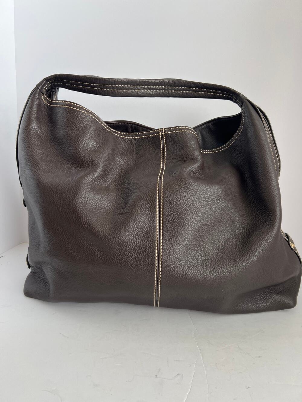Coldwater Creek Brown Pebbled Leather Hobo Shoulder Bag Contrast Stitching OS